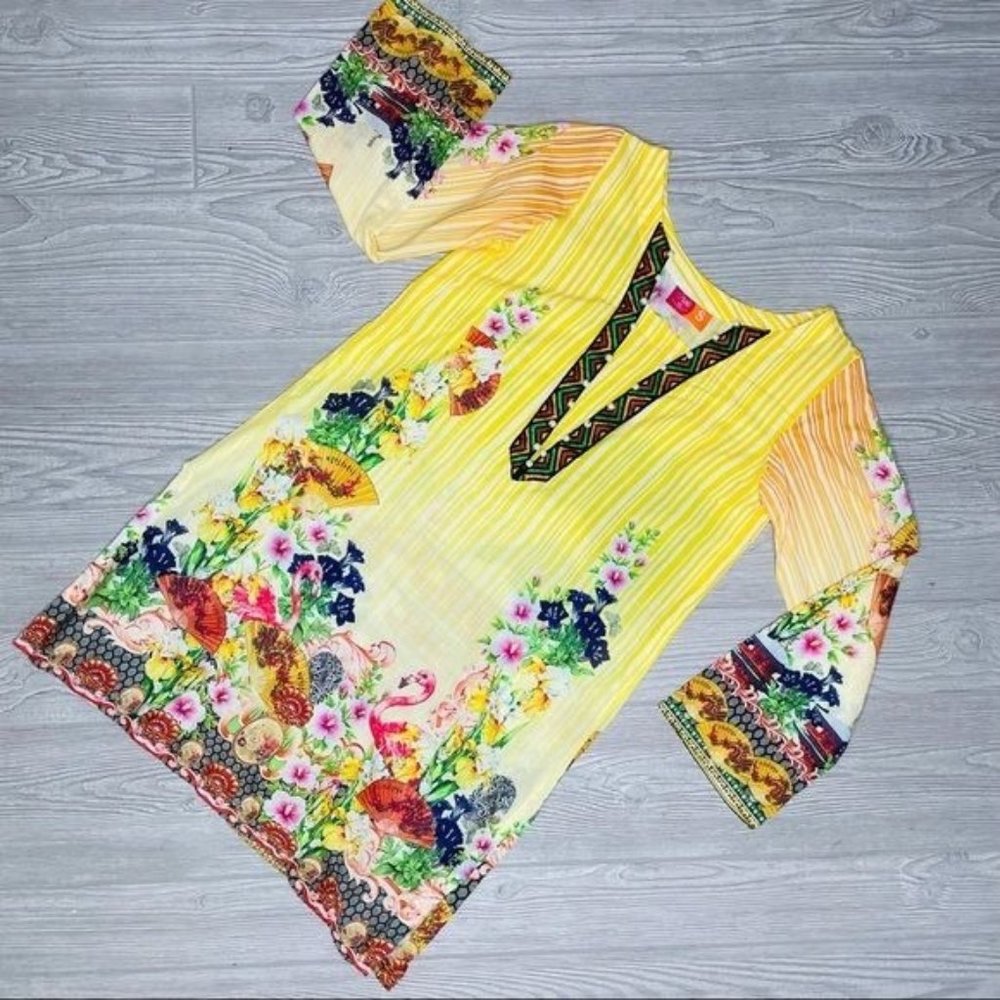 Motifz lawn dress / shirt casual floral embroider beaded tropical pattern small
